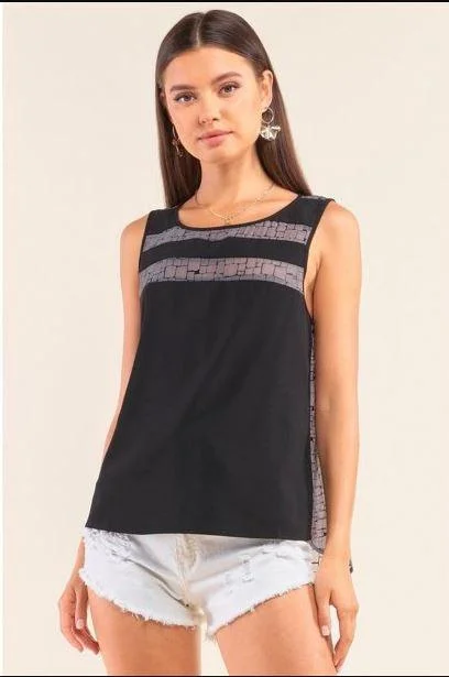 Weekend Deals That Dazzle Black Sleeveless Relaxed Fit Mesh Round Neck Top