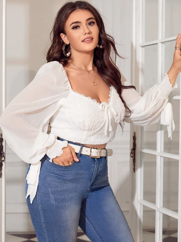 Super Sale Plain Knot Long Sleeve Sweetheart Crop Plus Size Blouse