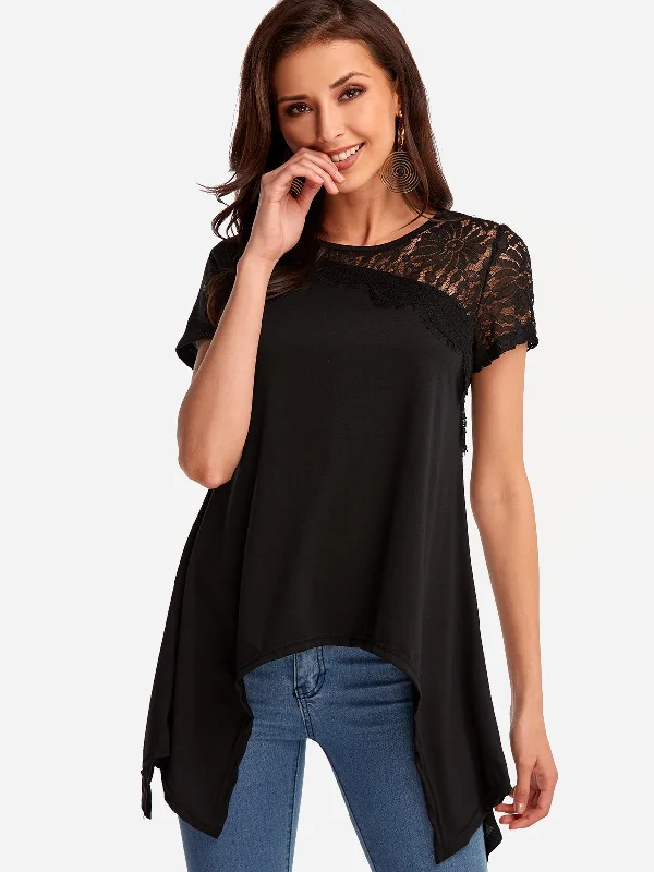 Weekend Steals Await Custom Round Neck Lace Short Sleeve Irregular Hem Black T-Shirts