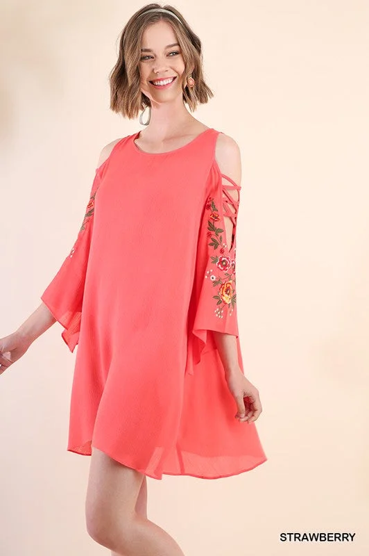 Weekend Bargains Galore Floral Embroidered Angel Sleeve Dress