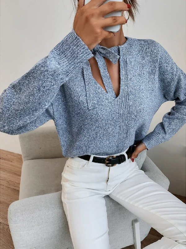 Weekend Extravaganza: Shop Now Casual Plain Tie Front Long Sleeve Tie Neck Regular Women Sweater