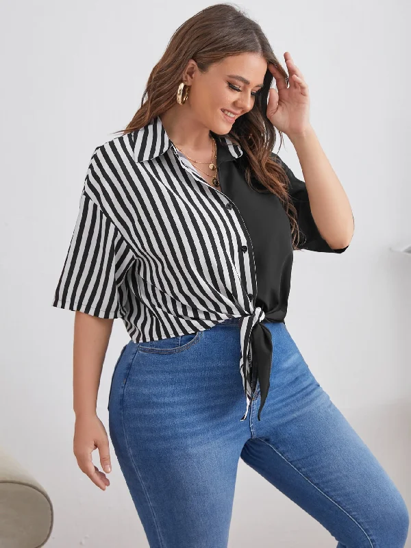 Extra Savings Striped Button Front Half Sleeve Collar Regular Plus Size Blouse