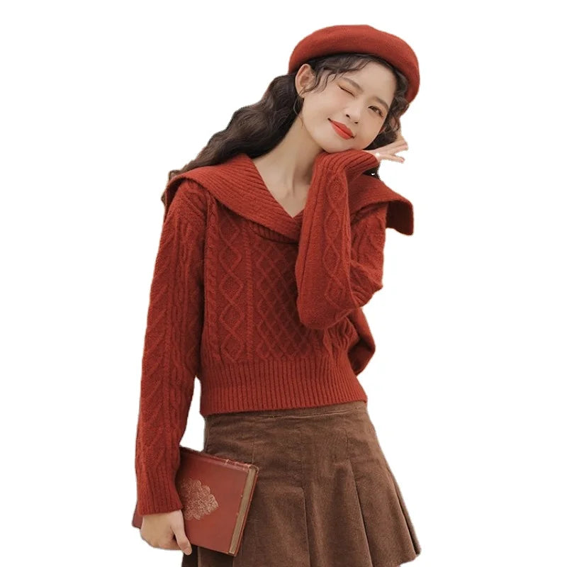 Super Deal 2024 Spring and Autumn best-selling fashion women's high-quality navy collar long sleeve solid color short loose vintage sweater Super Deal 2024 Spring and Autumn best-selling fashion women's high-quality navy collar long sleeve solid color short loose vintage sweater