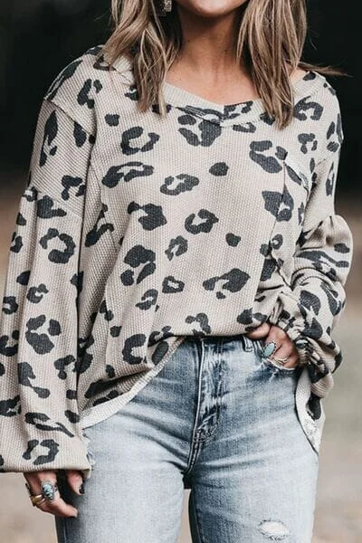 Closeout Plus Size Leopard V-Neck Dropped Shoulder Top
