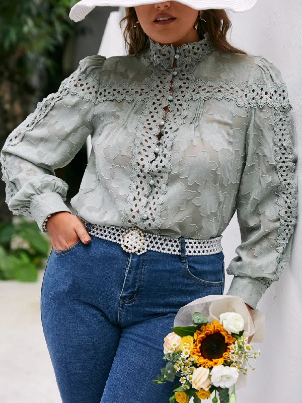 Steal Deal Plain Contrast Lace Long Sleeve Stand Collar Semi-Sheer Regular Plus Size Blouse