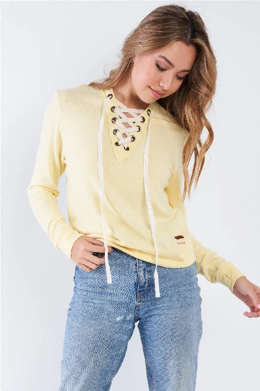 Early Bird Discount Pale Banana Long Sleeve Lace Up Front Top