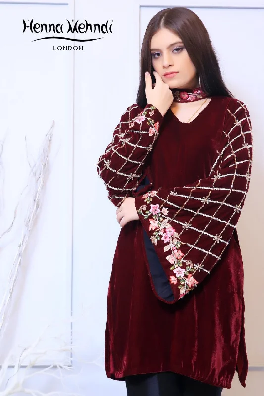 Weekend Specials to Enjoy Maroon Velvet Embroidered Top