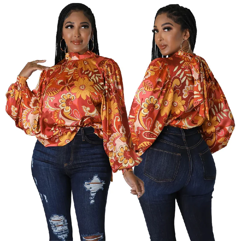 Hurry In C1102TA97 Street Style Casual Turtleneck Floral Print Puff Sleeve Blouses For Women Sehe Fashion