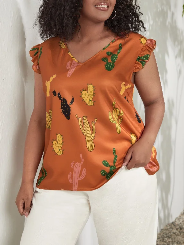 YEAR-End Clearance Plants Ruffle Cap Sleeve V Neck Regular Plus Size Blouse