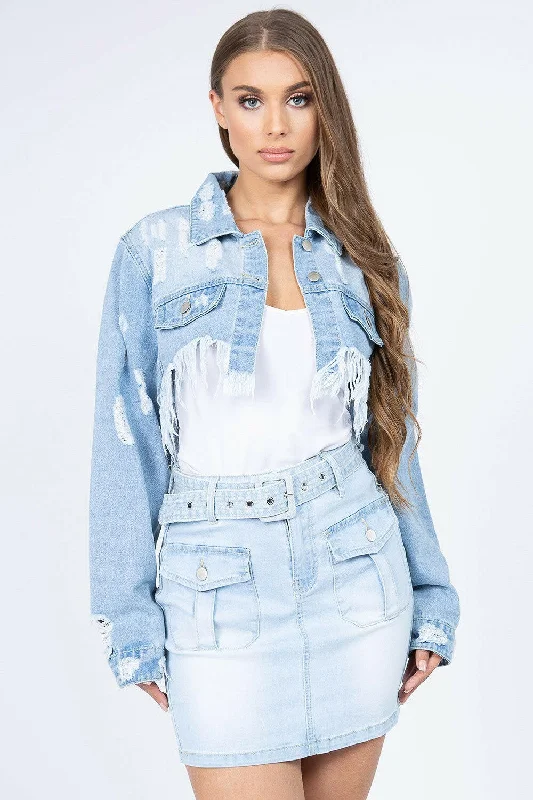 Weekend Deals That Amaze American Bazi Distressed Denim Jacket with Frayed Hem