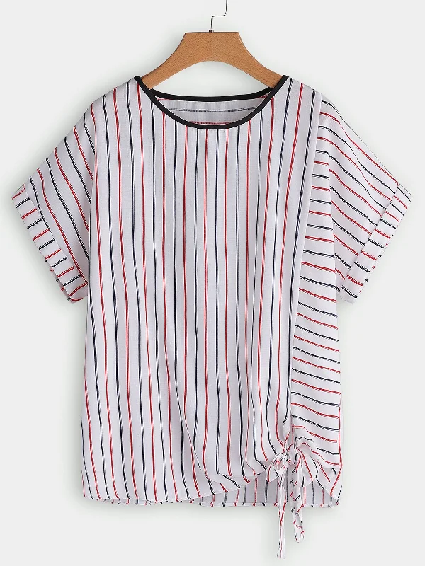 Online Only OEM ODM Round Neck Stripe Self-Tie Short Sleeve Plus Size Tops