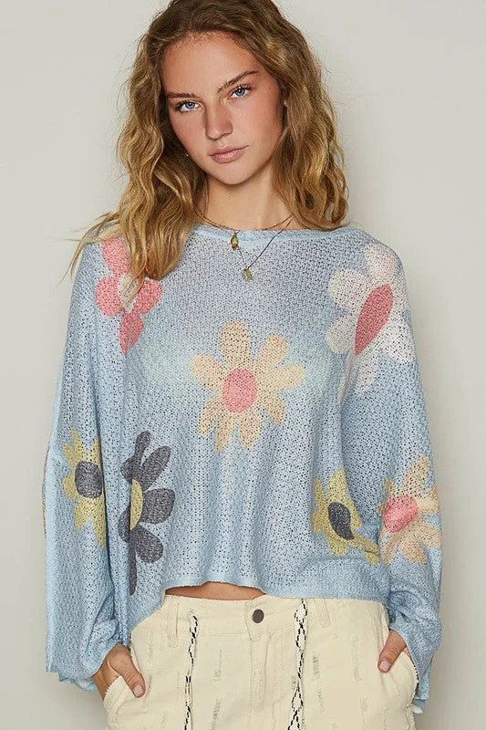 Markdown Sale POL Flower Dropped Shoulder Long Sleeve Knit Top