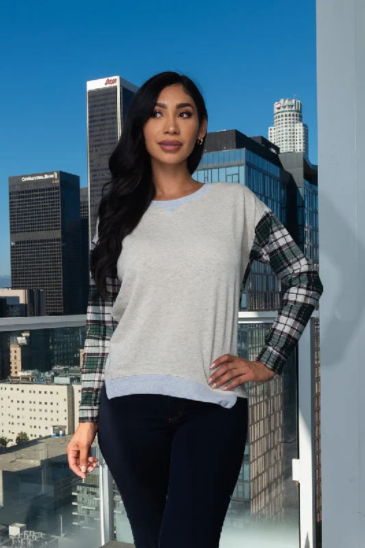 Price Drop Double Trouble' Color Block Round Neck Long Sleeve Top  With Plaid Print on Sleeves and Back (146229)
