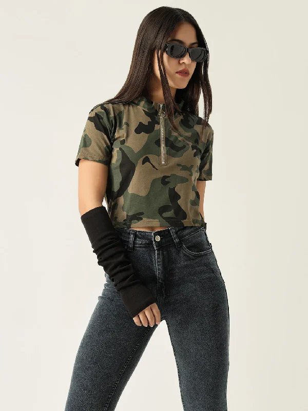 Super Deal Women Graphic Olive Crop T Shirt
