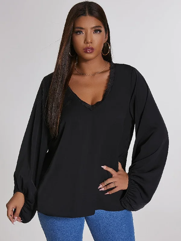 Instant Savings Plain Contrast Lace Long Sleeve V Neck Long Plus Size Blouse