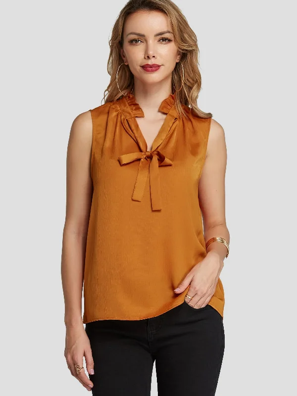 Bonus Savings Custom Frill Neck Plain Tie-Up Sleeveless Orange Tank Top