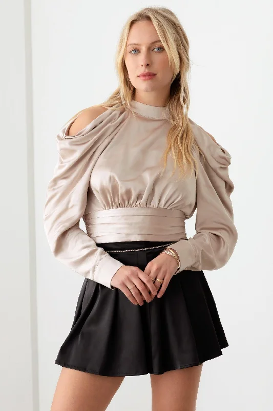 Weekend Deals That Wow Satin Drape Sleeve Crop Cold Shoulder Top