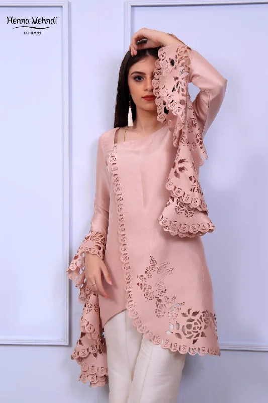 Weekend Deals That Excite Tea Pink Ruffle Sleeves Laser Cut Top