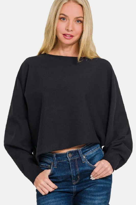 Midnight Madness Asymmetric Hem Long Sleeve Sweater - Black