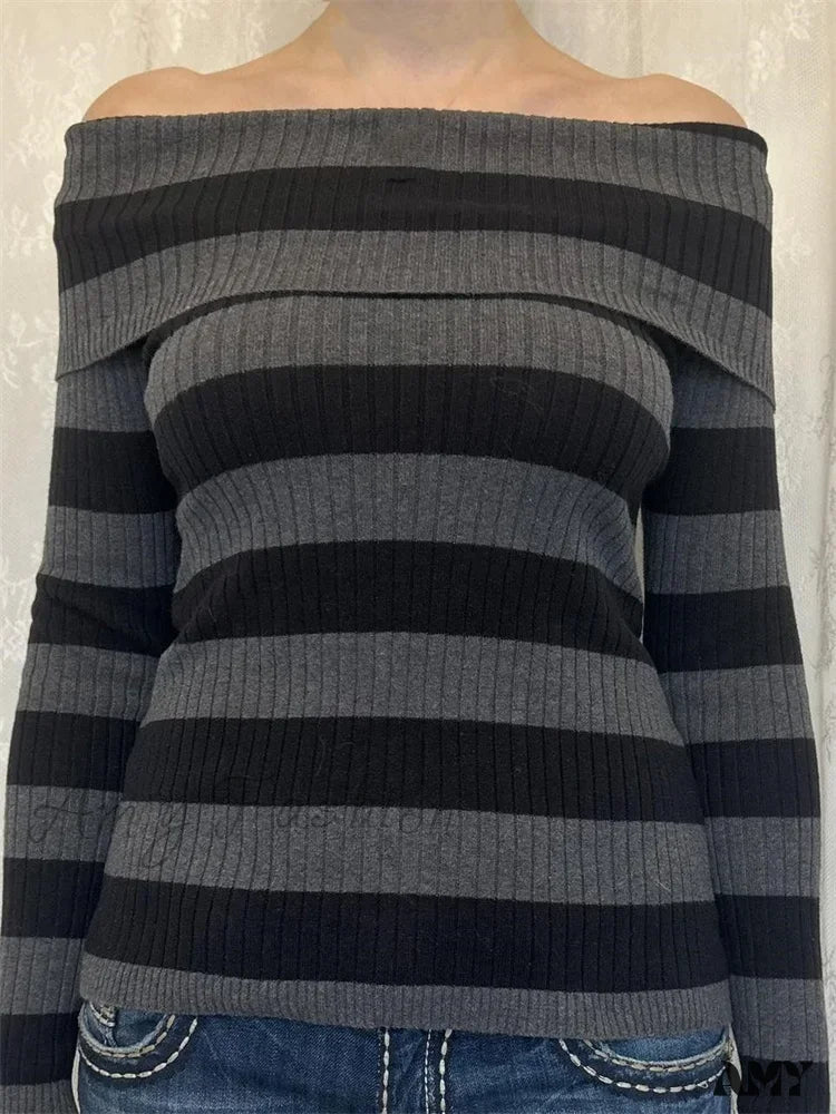 Amazing Deals Amy Fashion - Retro Slash Neck Off Shoulder RibbedLong Sleeve  T-shirts