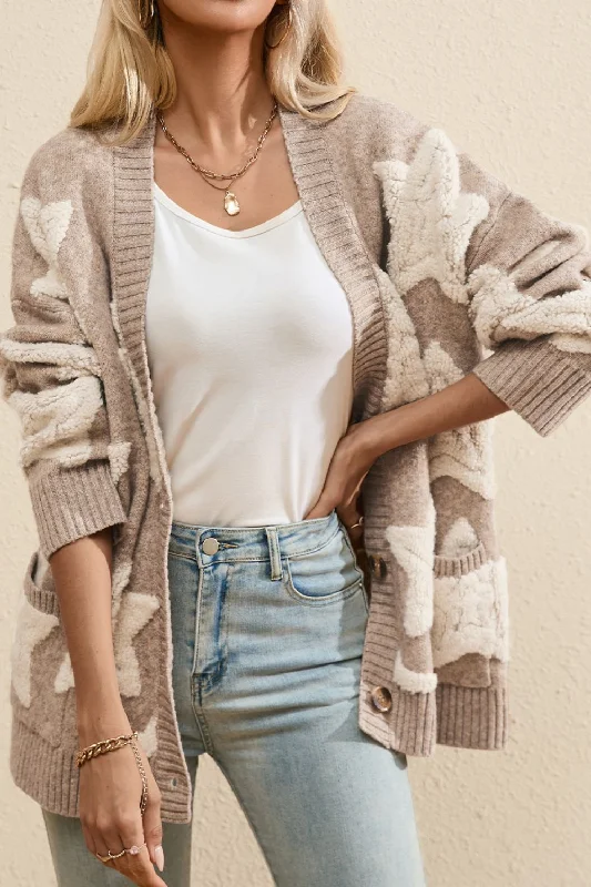 Make Your Weekend Count with Savings Sherpa Star V-Neck Cardigan with Pockets | Winter Sweater | Cardigan
