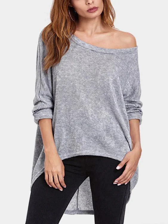 Fantastic Offers Custom Scoop Neck Long Sleeve Curved Hem Grey T-Shirts