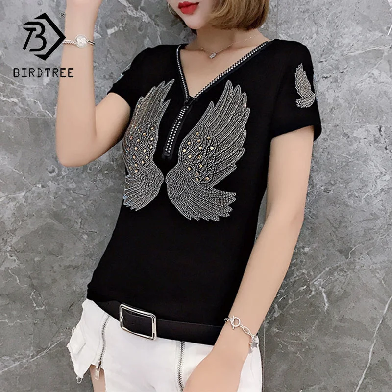 Crazy Savings Design Wings Diamonds Beading Handmade T-Shirt Women Black Red New V-neck Slim Short Sleeve Women Tops Tees Summer T25909