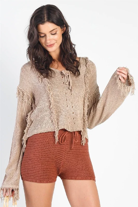 Savings Event Sand Trim Detail Self-Tie V-Neck Knit Top