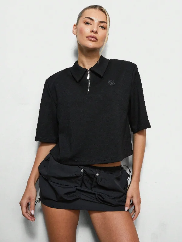 Massive Deals SUMWON WOMEN Shoulder Pad Half Zip Crop Tee With Collar & Small Embroidery Print