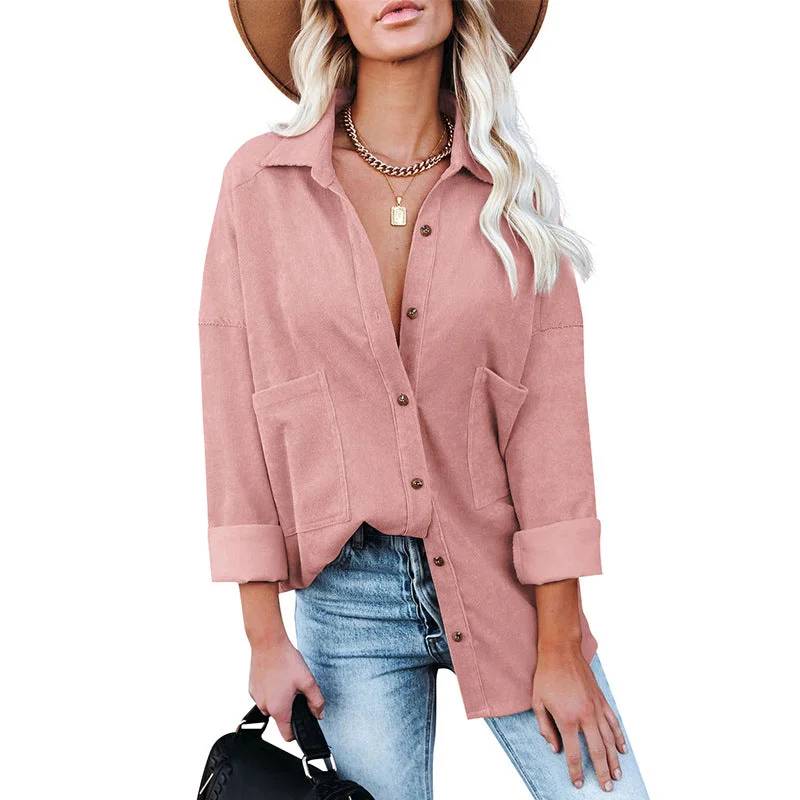 Best Bargains Casual Corduroy Button Down Shirts Women's Solid Color Long Sleeve Oversized Coat Jacket Fashion Blouses Tops Vintage Streetwear