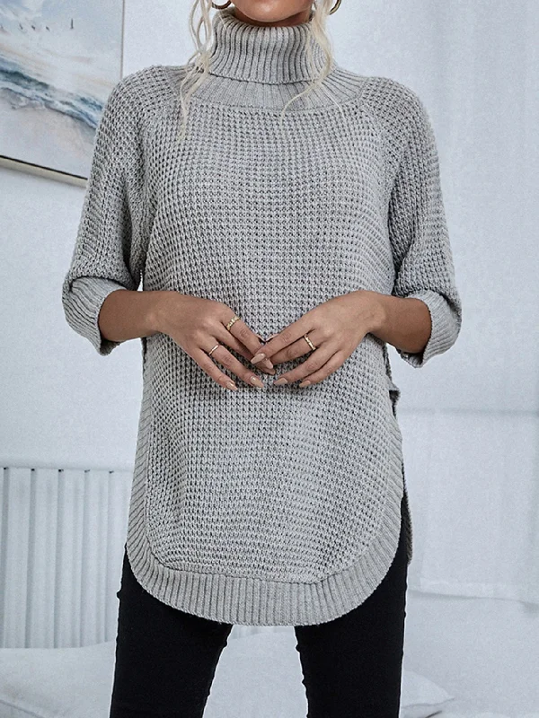 Weekend Offers That Shine Casual Plain Rib-Knit Long Sleeve Funnel Neck Semi-Sheer Asymmetrical Long Women Sweater