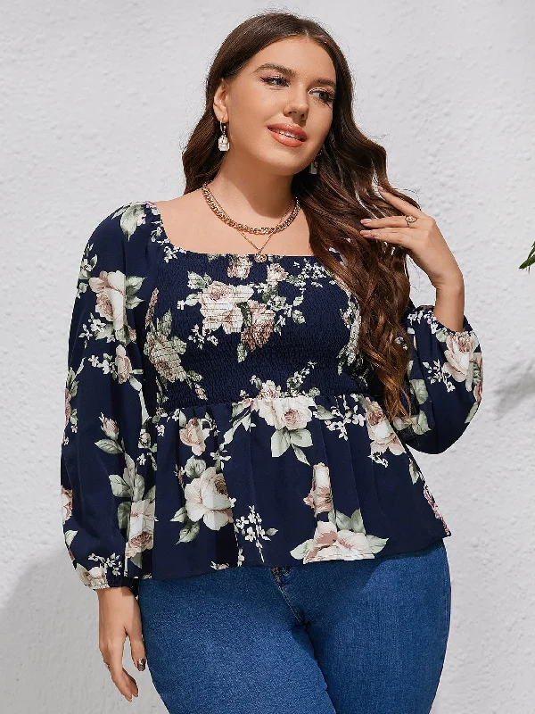 New Deal Floral Shirred Long Sleeve Square Neck Regular Plus Size Blouse
