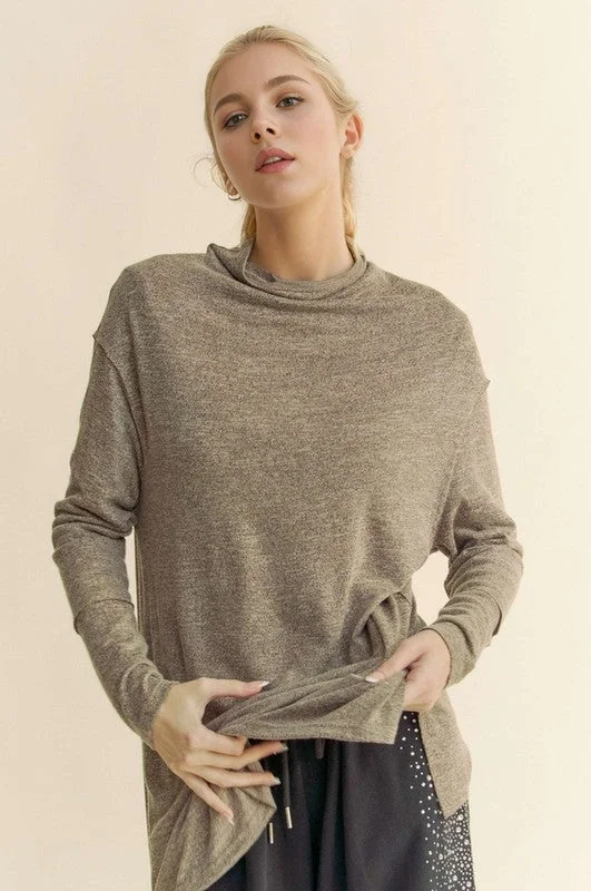 Great Bargain Davi & Dani Slit Mock Neck Long Sleeve Top