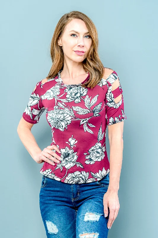 Midnight Sale Short Sleeve Floral Top Cutout Sleeve* (ET0828)