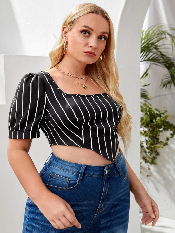 Huge Savings Striped Asymmetrical Short Sleeve Square Neck Crop Plus Size Blouse