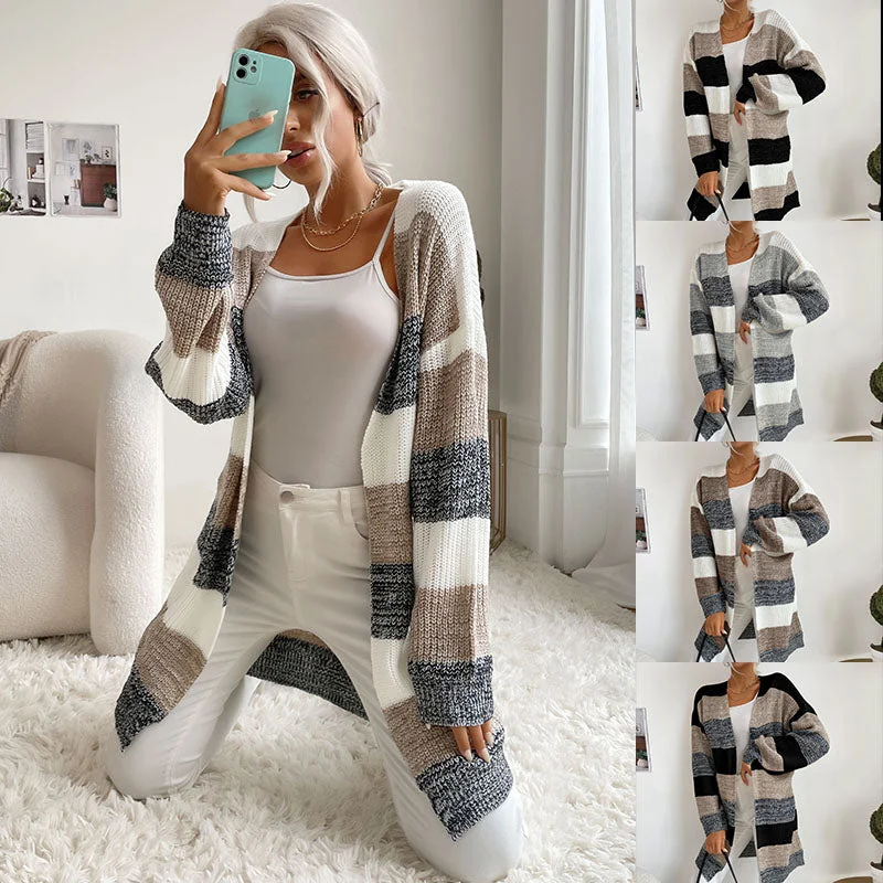 Huge Discounts Womens Color Block Sweater Coat Outwear Long Sleeve Open Front Loose Knitted Cardigan Sweaters