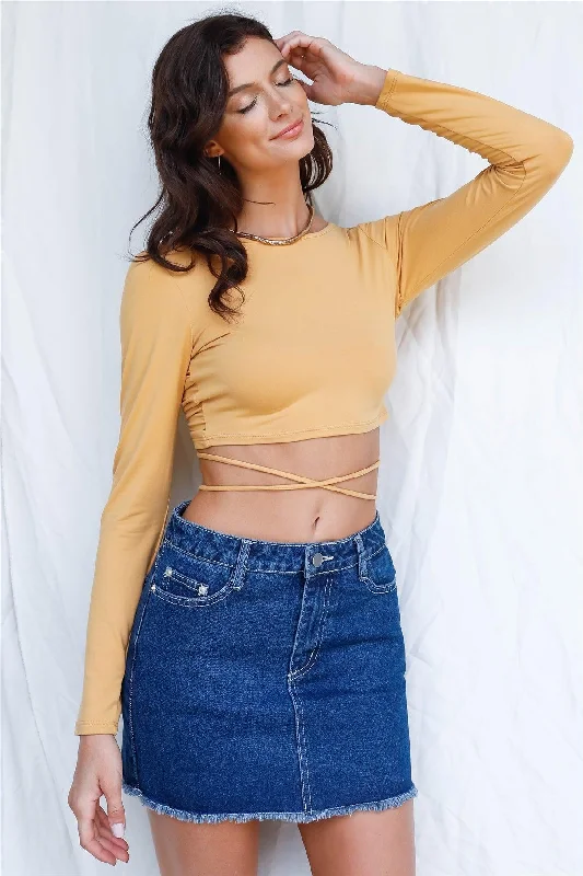 Savings Spectacular Dusty Yellow Back Criss-Cross Ruched Self-Tie Detail Crop Top