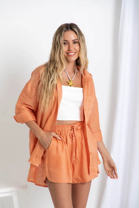 Super Deal Kaia Linen Shirt - Orange Peach