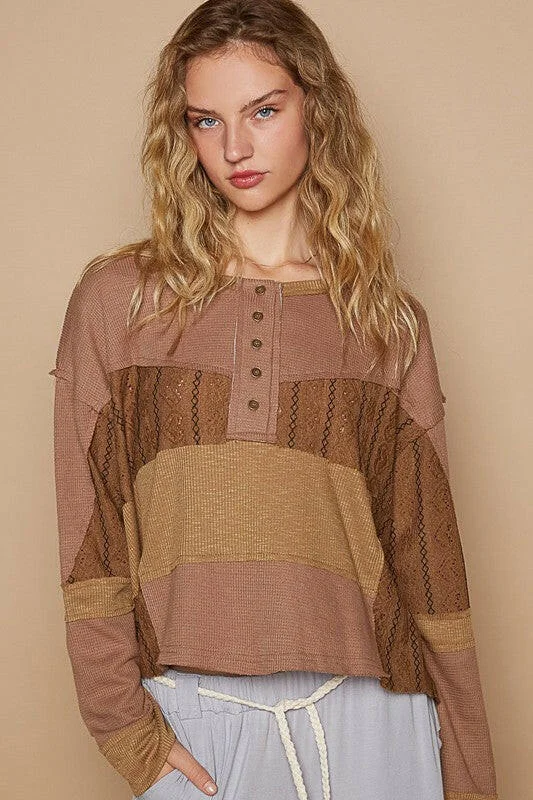 Mega Sale POL Half Button Color Block Drop Shoulder Knit Top