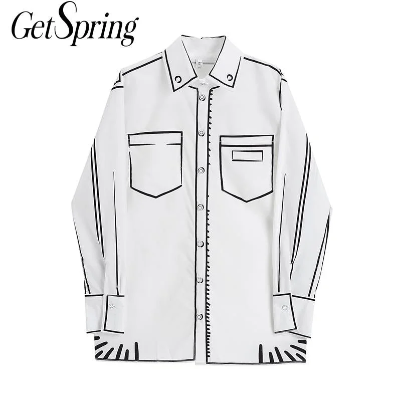 Best Bargains Getspring Women Blouse Shirt Color Matching White Blouse Long Sleeve Vintage Casual Retro Printing Shirts Tops Women 2021 New