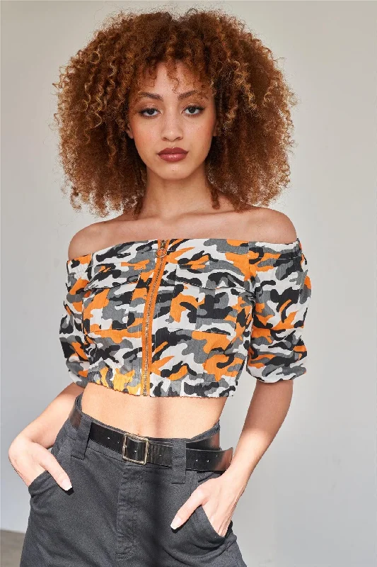 Clearance Sale Orange Camo Print Off The Shoulder Cargo Crop Top