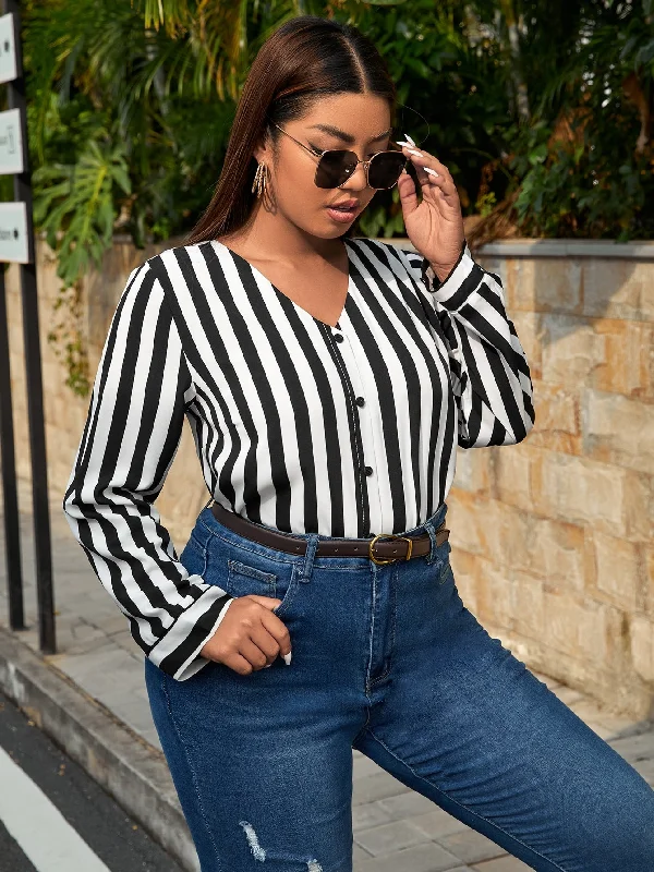 Price Slash Striped Button Front Long Sleeve V Neck Long Plus Size Blouse