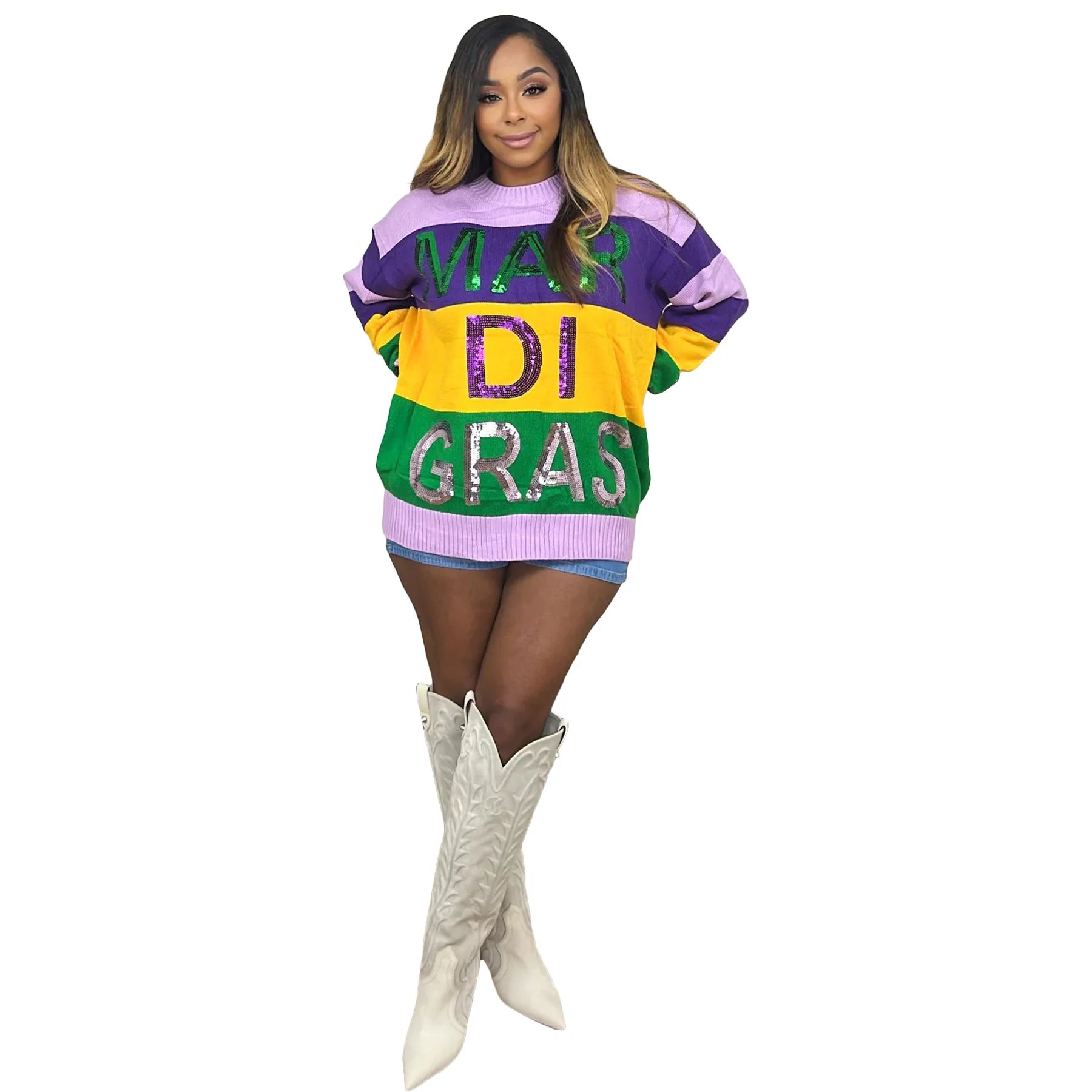 Weekend Sale: Don't Miss Out Mardi Gras Pullover Sweater for Women 2024 Fall Clothes Casual Long Sleeve Sequin Sparkly Printed Crewneck Knit Tops Blouse
