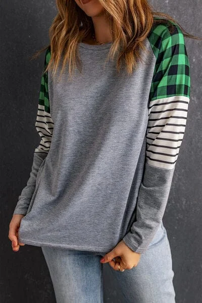 Customer Appreciation Sale Striped Plaid Round Neck Long Sleeve T-Shirt