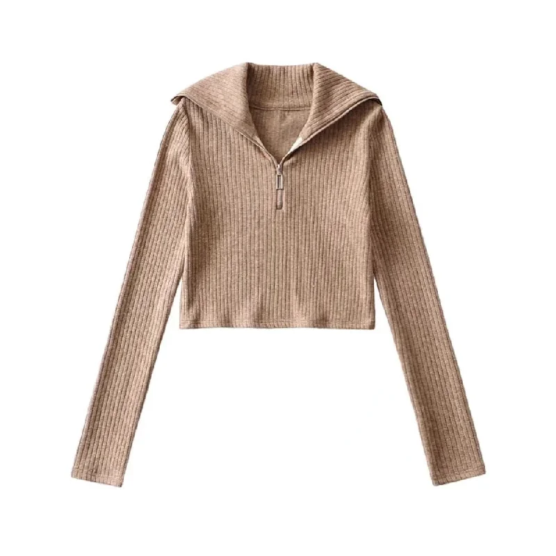 Sale Event Sexy Lapel Solid Color Zipped Long Sleeve Kitted T-Shirt Wholesale Crop Tops Sale Event Sexy Lapel Solid Color Zipped Long Sleeve Kitted T-Shirt Wholesale Crop Tops