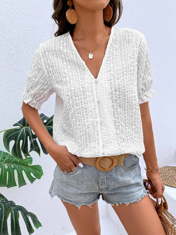 Weekend Deals That Dazzle Buttoned V-Neck Flounce Sleeve Top