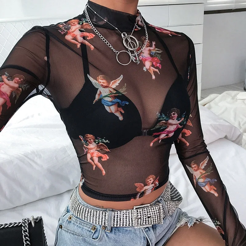 Crazy Deal Sexy Women T Shirt See Through Transparent Mesh Tops Long Sleeve Sheer Slim Ladies Turtleneck T-Shirt New Arrival Women tshirt