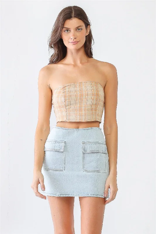 Final Markdown Mustard Plaid Strapless Smocked Tube Crop Top