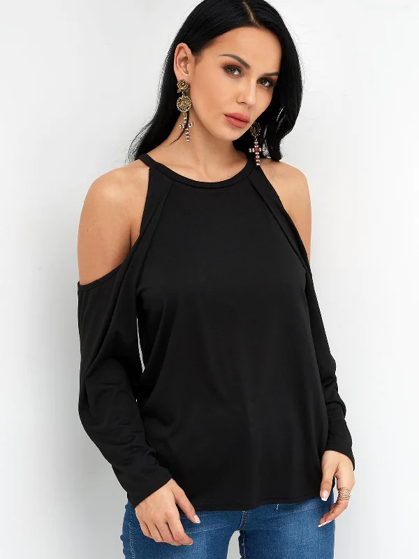 Pay Less Custom Round Neck Cold Shoulder Plain Long Sleeve Black T-Shirt