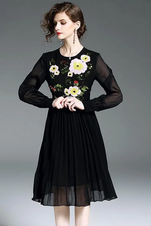 Time-Limited Offer Black Beaded and Embroidered Chiffon Dress